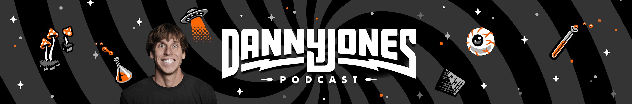 Danny Jones, grinning, beside the Danny Jones Podcast wordmark on the hypnotic spiral, with UFO, mushroom, eyeball and flask doodles